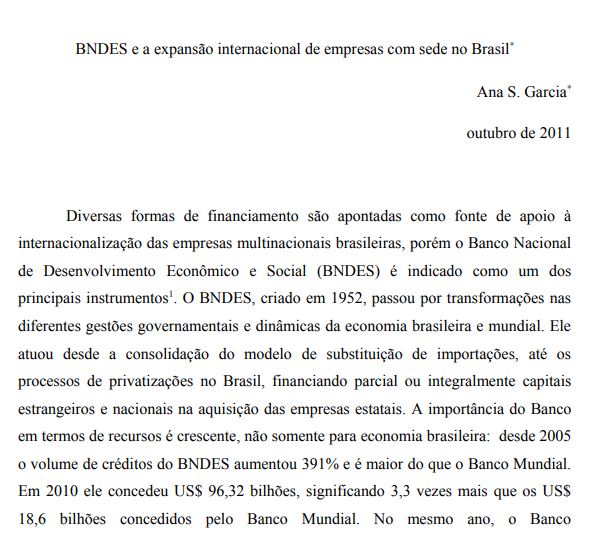 BNDES e a Expansão Internacional de Empresas com sede no Brasil – Ana S. Garcia
