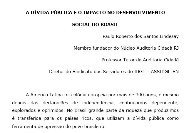 A Dívida Pública e o Impacto no Desenvolvimento Social do Brasil – Paulo Lindesay (Núcleo RJ da Auditoria Cidadã da Dívida)