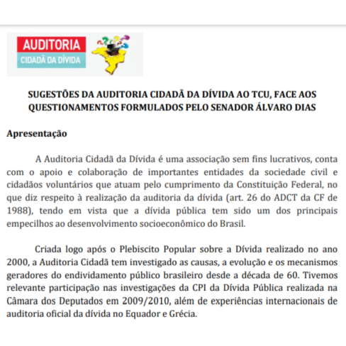 Sugestões da Auditoria Cidadã da Dívida ao TCU, face aos Questionamentos Formulados pelo Senador Álvaro Dias