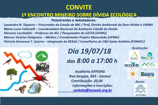 “1º Encontro Mineiro sobre Dívida Ecológica” ocorrerá em Belo Horizonte, no dia 19 de julho de 2018.