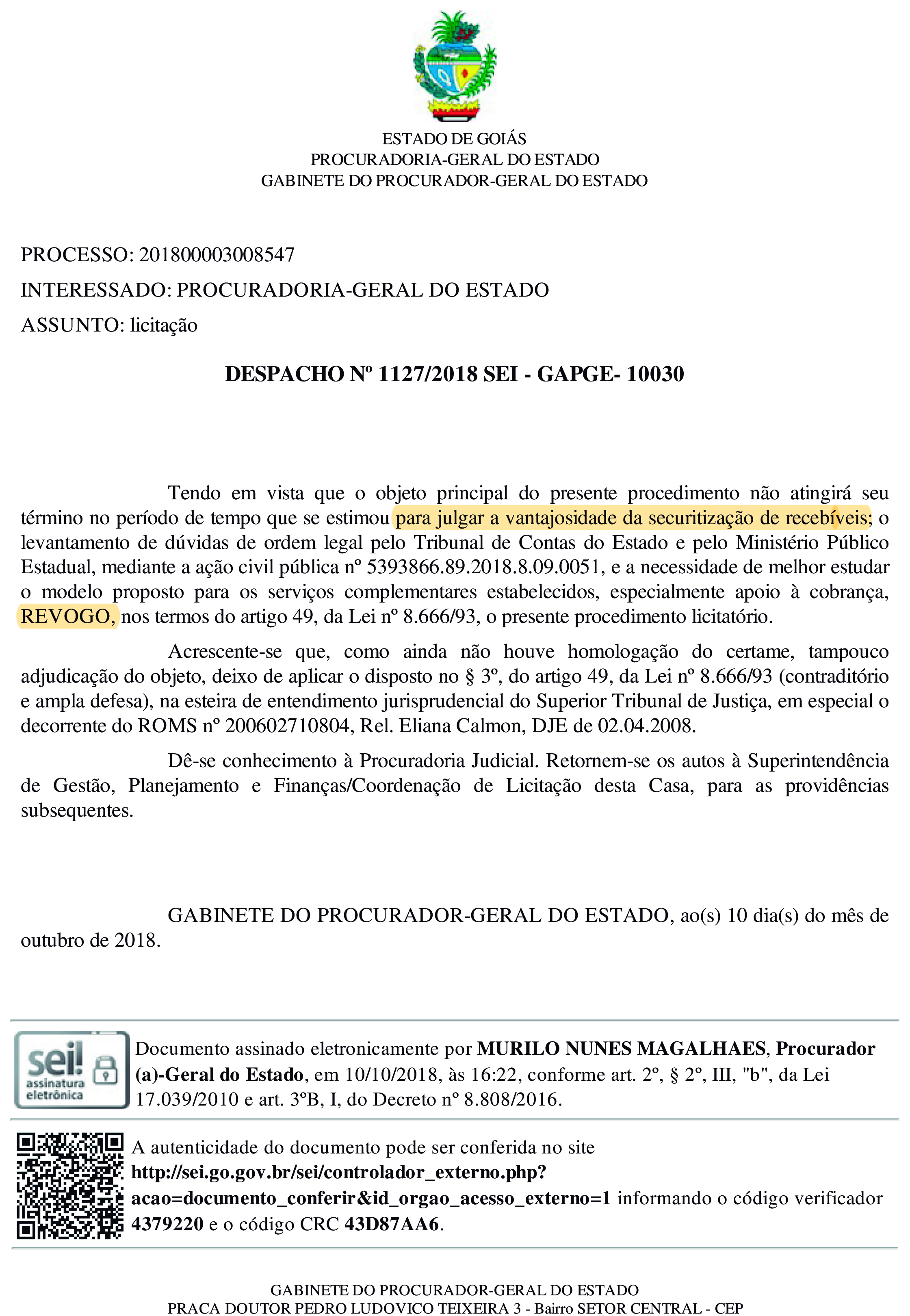 Interrompida a implantação do esquema de Securitização de Créditos em Goiás