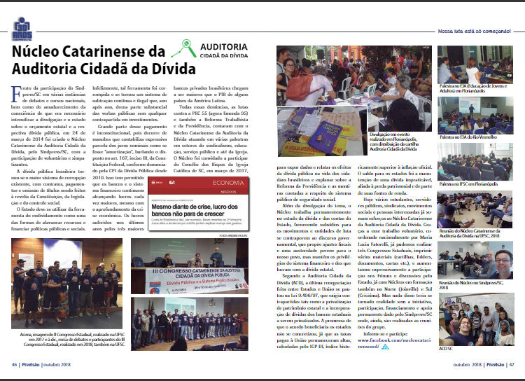 Revista Previsão traz relato sobre a atuação do núcleo catarinense da Auditoria Cidadã da Dívida