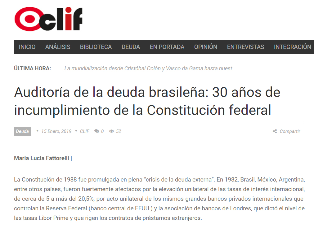 Artigo: “Auditoría de la deuda brasileña: 30 años de incumplimiento de la Constitución federal”