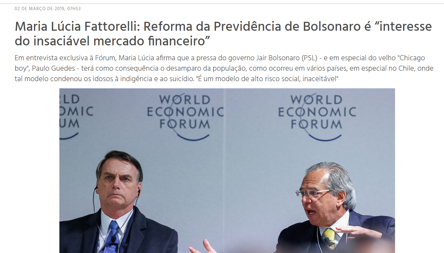 Revista Fórum – Maria Lúcia Fattorelli: Reforma da Previdência de Bolsonaro é “interesse do insaciável mercado financeiro”