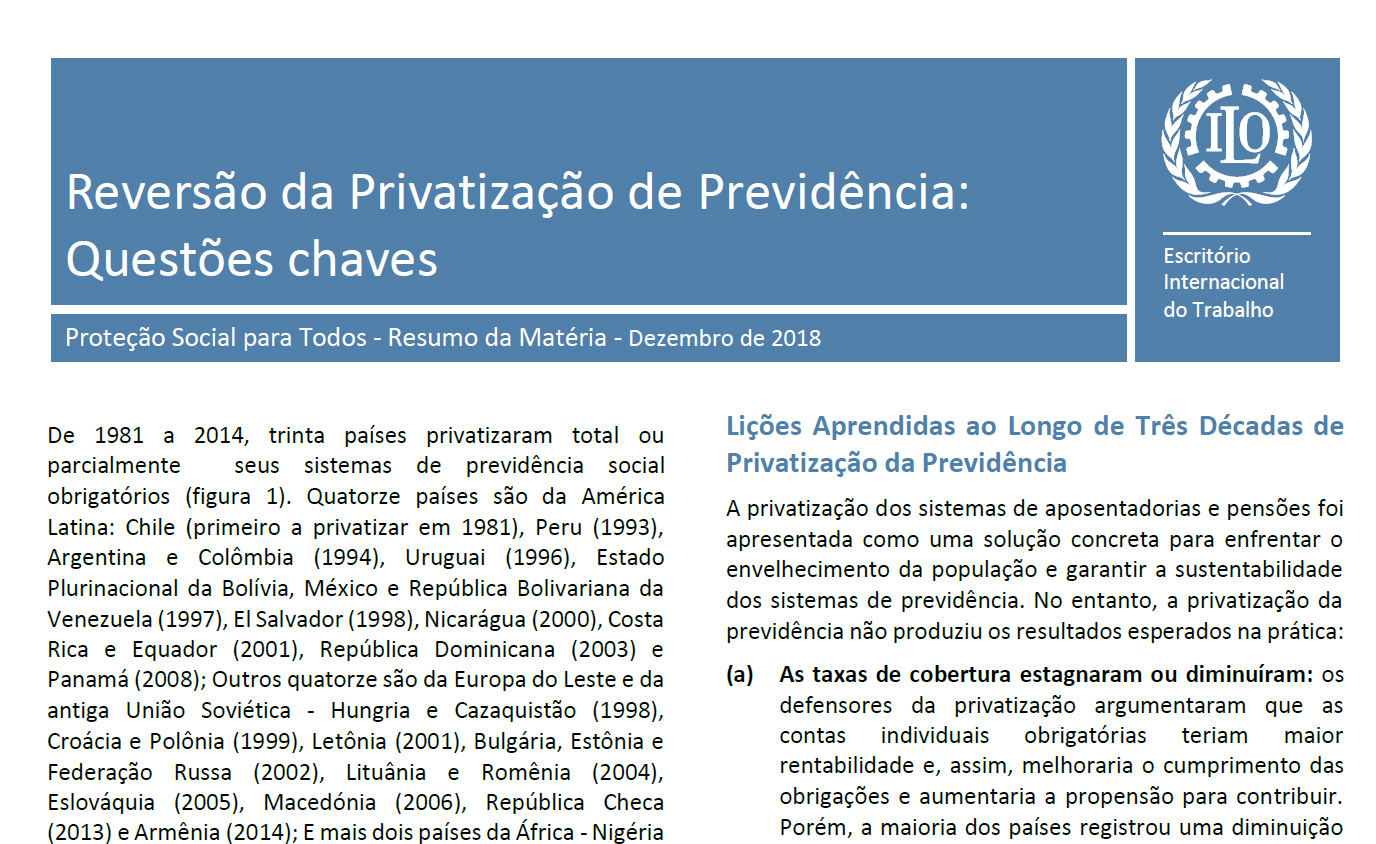 Estudo da Organização Internacional do Trabalho: Reversão da privatização de previdência – questões chaves
