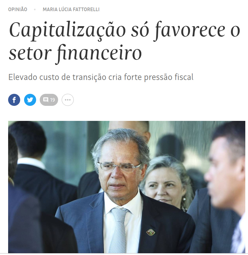 Folha de S. Paulo: “Capitalização só favorece o setor financeiro”, por Maria Lucia Fattorelli