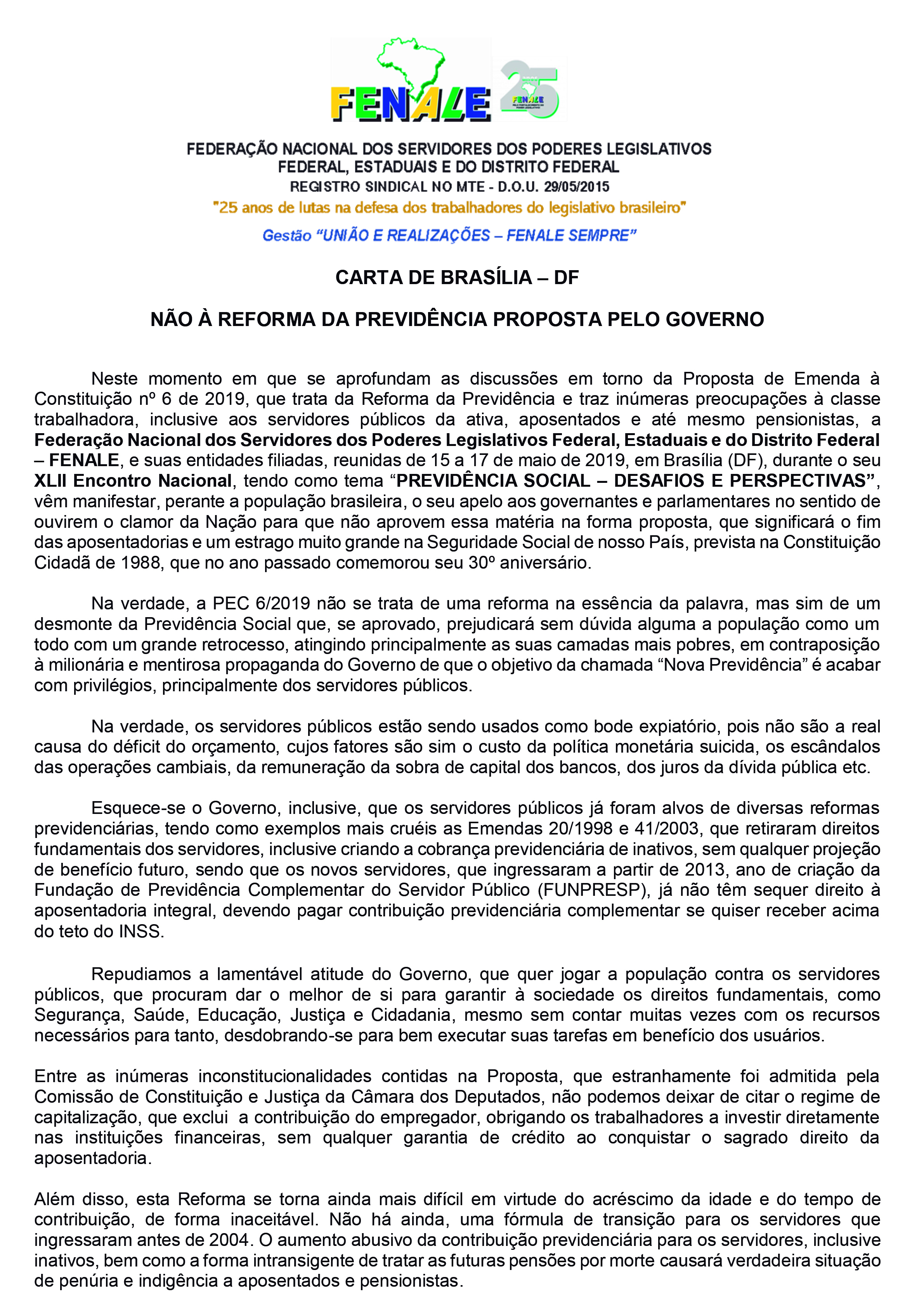 Fenale divulga Carta de Brasília – “Não a Reforma da Previdência proposta pelo governo”
