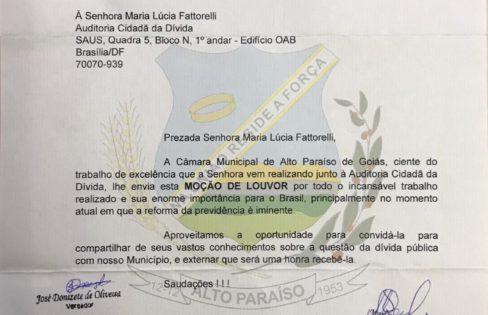 Câmara de Alto Paraíso concede moção de louvor à Maria Lucia Fattorelli Câmara de Alto Paraíso concede moção de louvor à Maria Lucia Fattorelli