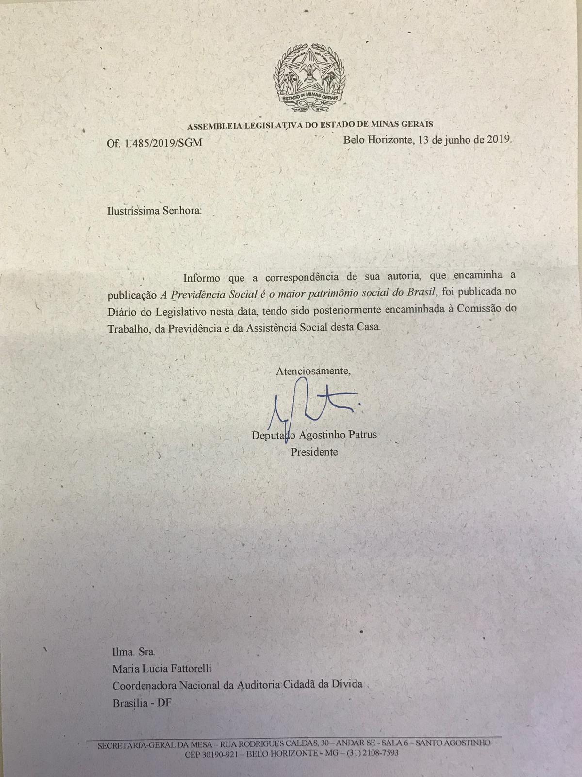Assembleia de Minas Gerais encaminha carta da Auditoria Cidadã sobre previdência social e dívida dos estados a Comissão da Casa