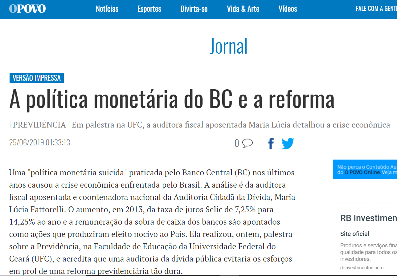 Jornal O Povo: “A política monetária do BC e a reforma”