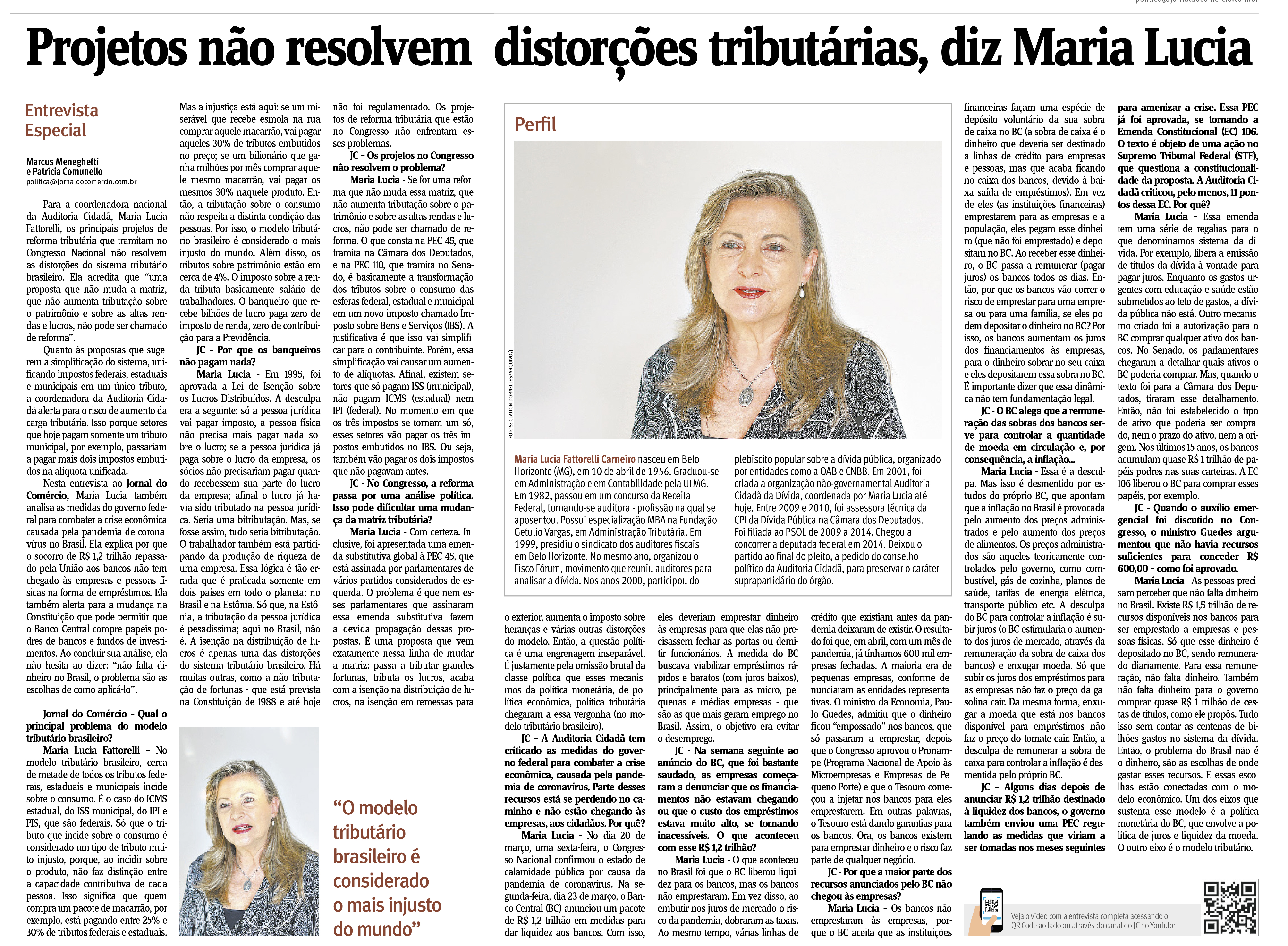 Jornal do Comércio: Projetos não resolvem distorções tributárias, diz Maria Lucia