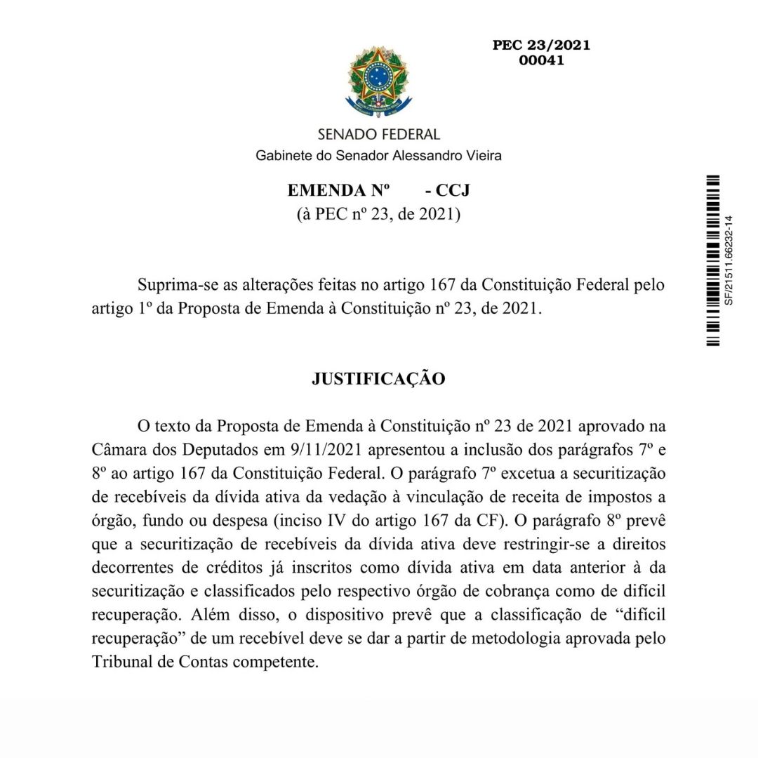 Senador Alessandro Vieira apresenta emenda contra a Securitização na PEC 23
