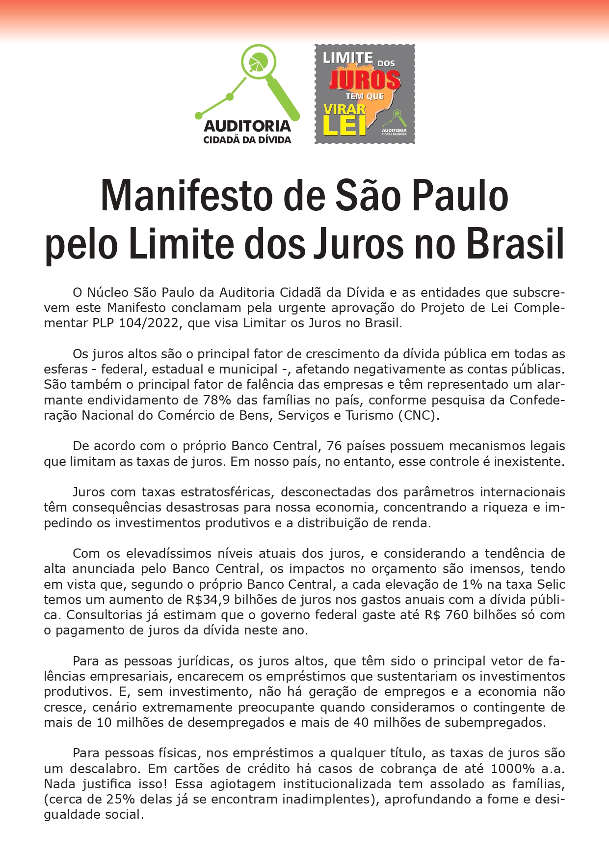 ASSINE AQUI - Manifesto de São Paulo pelo Limite dos Juros no