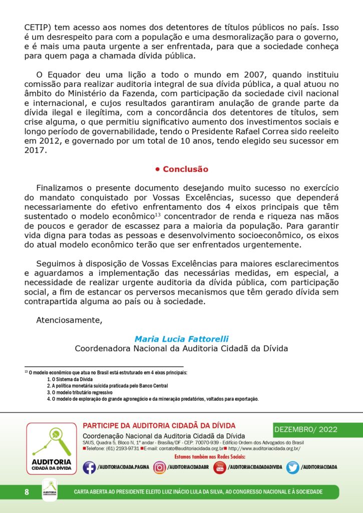 CARTA ABERTA AO PRESIDENTE ELEITO LUIZ INÁCIO LULA DA SILVA, AO ...