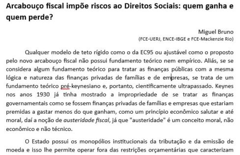 “Arcabouço fiscal impõe riscos ao Direitos Sociais: quem ganha e quem perde?” – Miguel Bruno (FCE-UERJ, ENCE-IBGE e FCE-Mackenzie Rio)