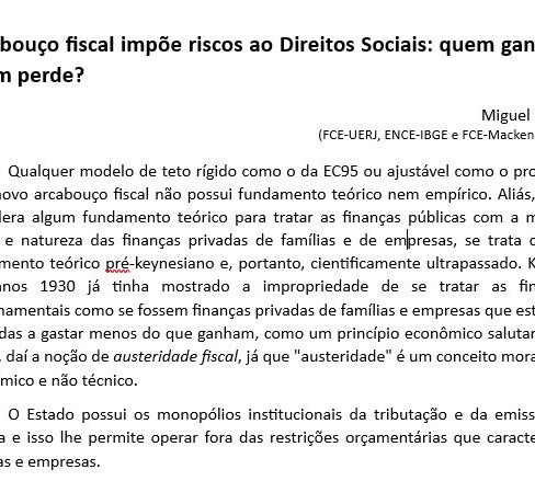 “Arcabouço fiscal impõe riscos ao Direitos Sociais: quem ganha e quem perde?” – Miguel Bruno (FCE-UERJ, ENCE-IBGE e FCE-Mackenzie Rio)