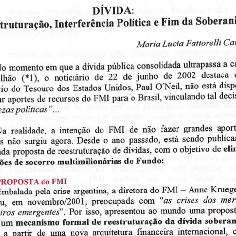 Artigo “DÍVIDA: Reestruturação, Interferência Política e Fim da Soberania” – Maria Lucia Fattorelli