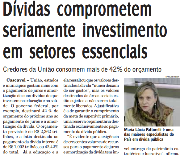 Jornal O Paraná “Dívidas comprometem seriamente investimento em setores essenciais” – Outubro/2013