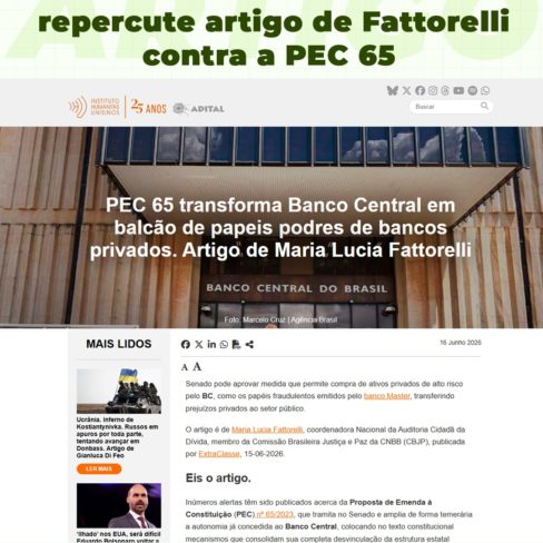 Instituto Humanitas Unisinos repercute artigo de Fattorelli contra a PEC 65