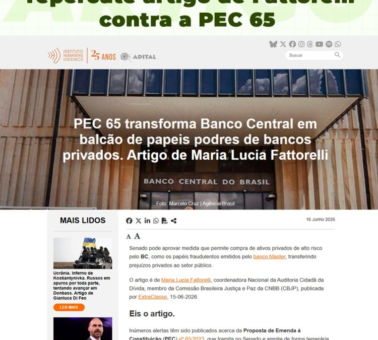 Instituto Humanitas Unisinos repercute artigo de Fattorelli contra a PEC 65
