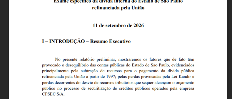 Relatório Específico Preliminar de Auditoria Cidadã da Dívida no 1/2026 – Exame específico da dívida interna do Estado de São Paulo refinanciada pela União em 1997 nos moldes da Lei 9.496/97