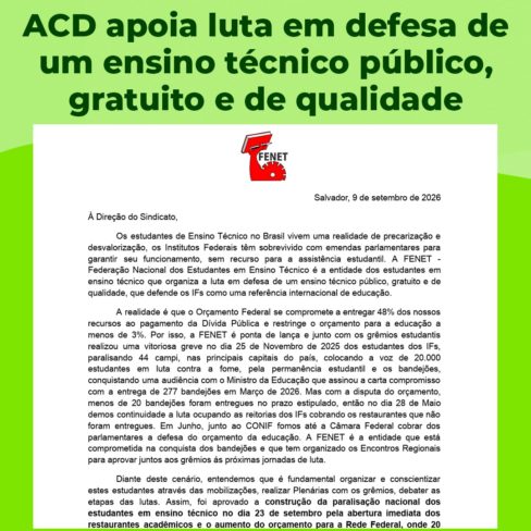 ACD apoia luta em defesa de um ensino técnico público, gratuito e de qualidade